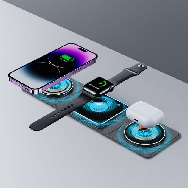 محطة شحن لاسلكية قابلة للطي مغناطيسية 3 في 1 لأجهزة iPhone، شحن سريع وشفاف لساعات Apple Watch وسماعات AirPods