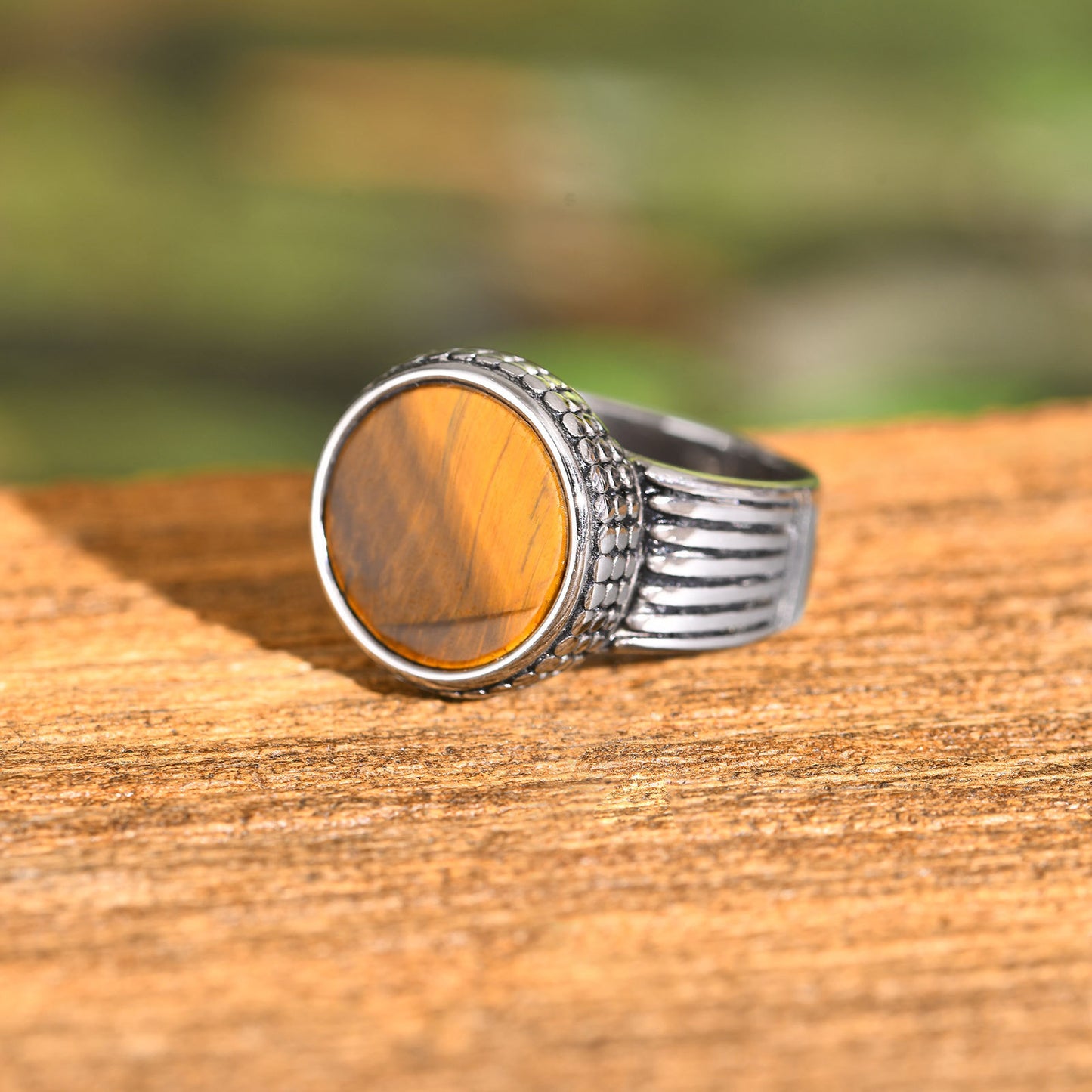 Stainless Steel Mens Tiger Eye Stone Cast Ring Vintage Style