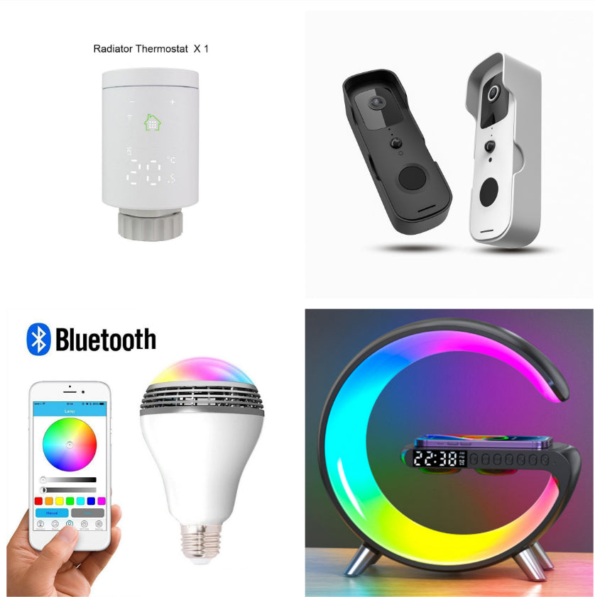 مصباح LED ذكي جديد على شكل حرف G، مزود بمكبر صوت بلوتوث وشاحن لاسلكي، يعمل بتقنية التحكم عبر تطبيق، مثالي لغرفة النوم وديكور المنزل.