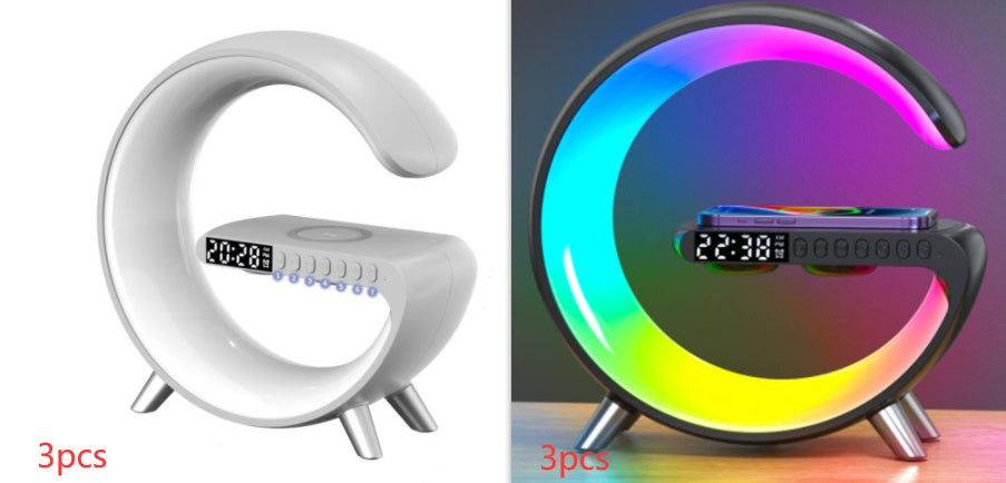 مصباح LED ذكي جديد على شكل حرف G، مزود بمكبر صوت بلوتوث وشاحن لاسلكي، يعمل بتقنية التحكم عبر تطبيق، مثالي لغرفة النوم وديكور المنزل.