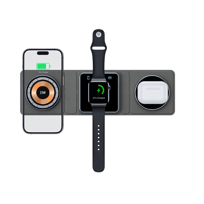 محطة شحن لاسلكية قابلة للطي مغناطيسية 3 في 1 لأجهزة iPhone، شحن سريع وشفاف لساعات Apple Watch وسماعات AirPods