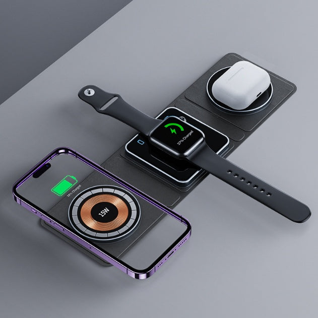 محطة شحن لاسلكية قابلة للطي مغناطيسية 3 في 1 لأجهزة iPhone، شحن سريع وشفاف لساعات Apple Watch وسماعات AirPods